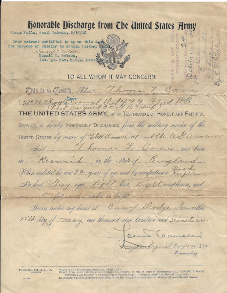 Honorable Discharge 1919 RSM TLCaine