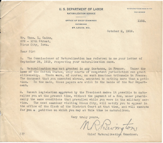 Naturalization Letter 1919 TCaine