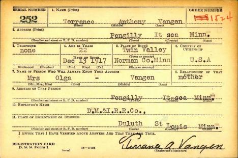 VANGEN-Terrance Anthony-WWII-Army-reg.card